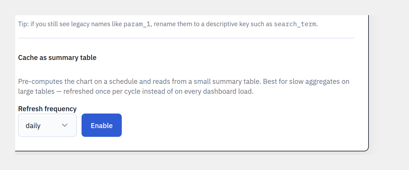 The chart builder's Cache-as-summary-table control — pick a refresh cadence and enable pre-computation.