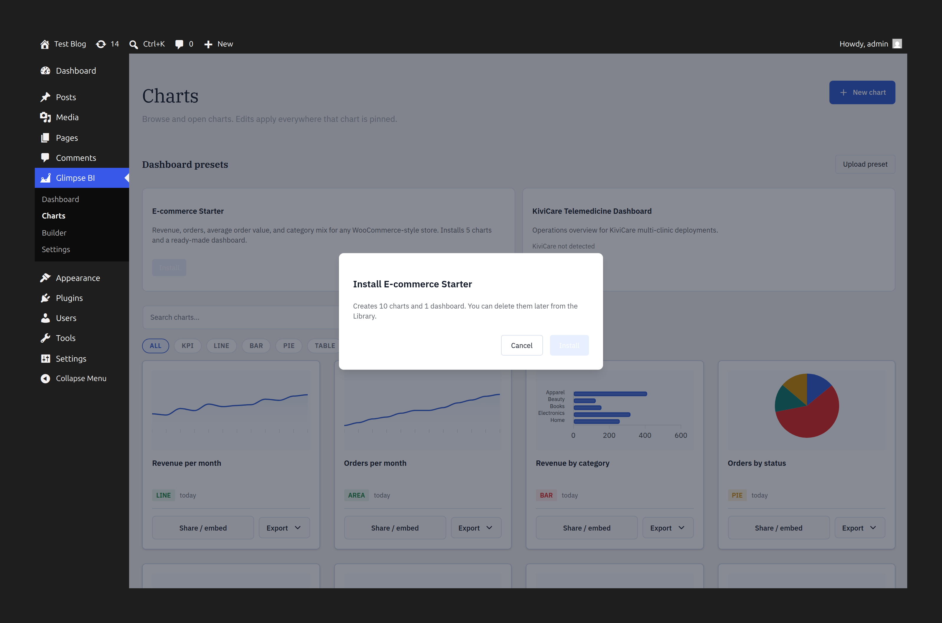 One-click preset install — a confirmation dialog that creates a bundle of charts and a dashboard.