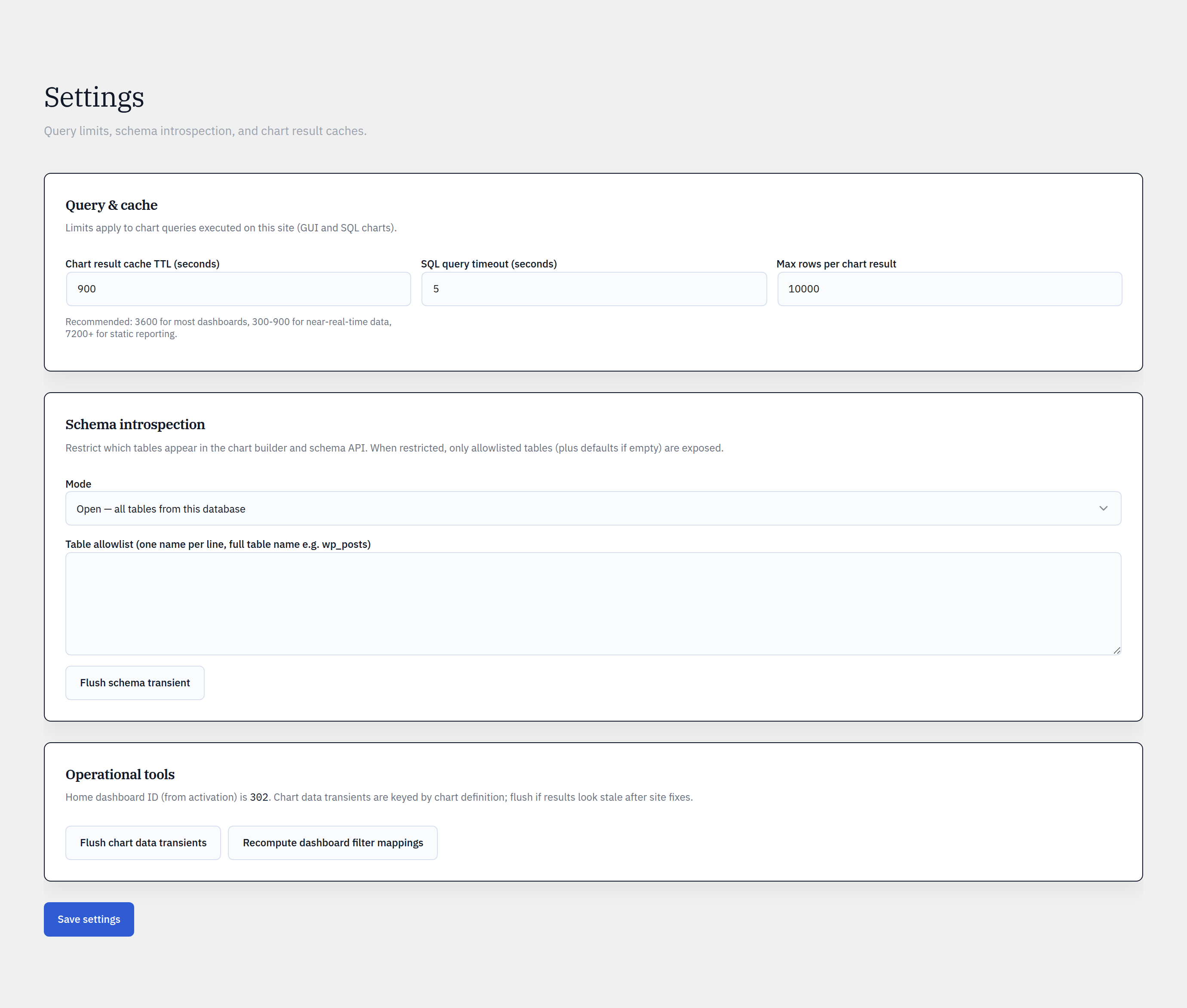 Settings — cache TTL, query limits, and schema discovery controls.