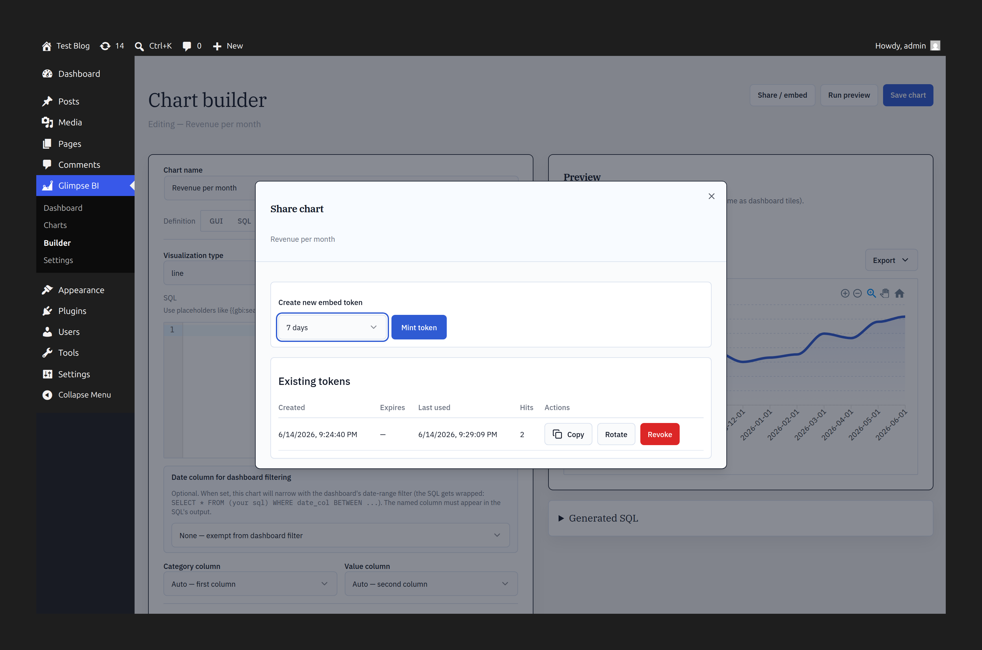 Share & embed dialog — mint an expiring token, then copy the iframe or shortcode.